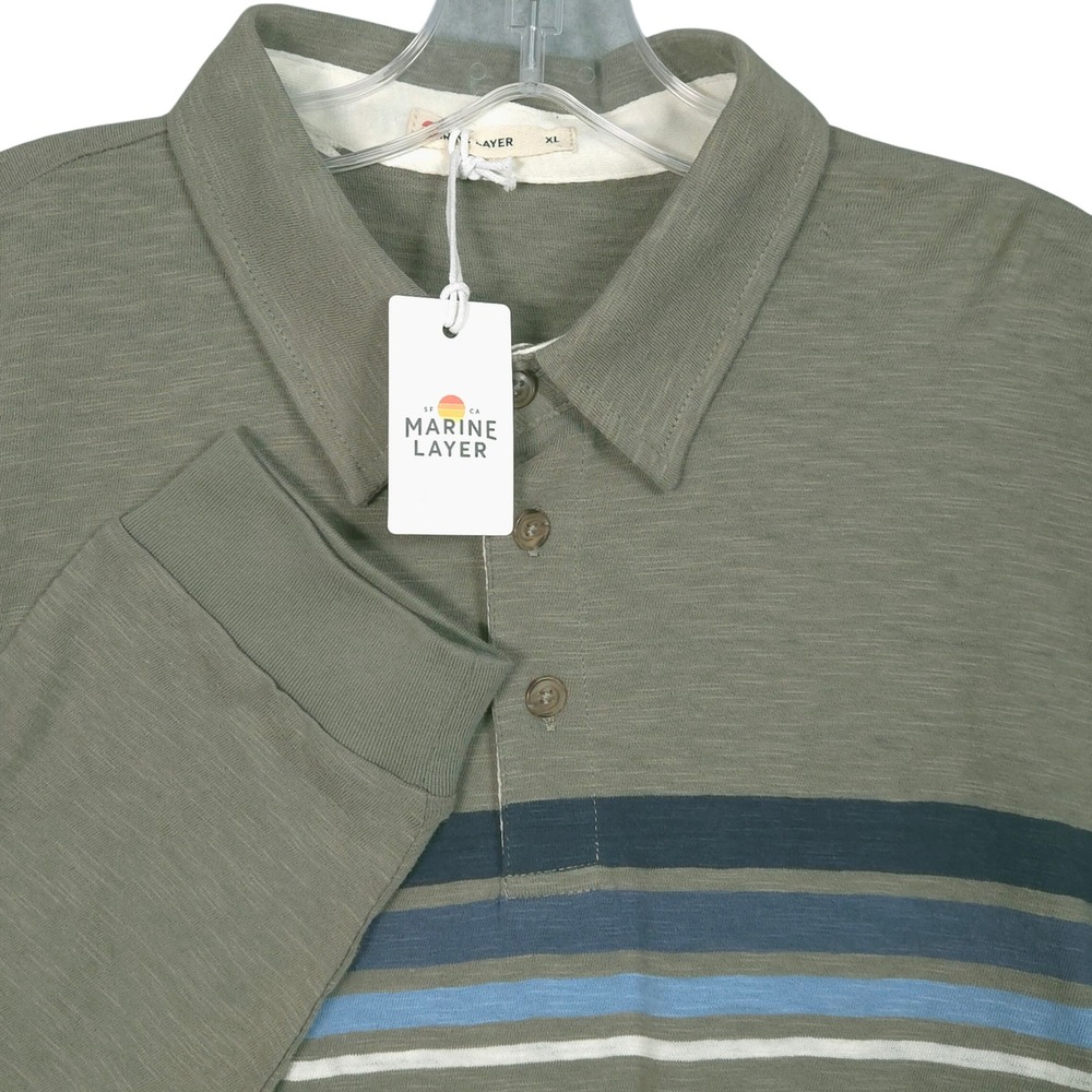 Marine Layer NEW Men XL Heavy Slub Rugby Polo Green Blue Stripe Long Sleeve